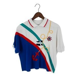 Vintage Alfred Dunner Nautical Flag Print Polo Tee Embroidered Top Size PL